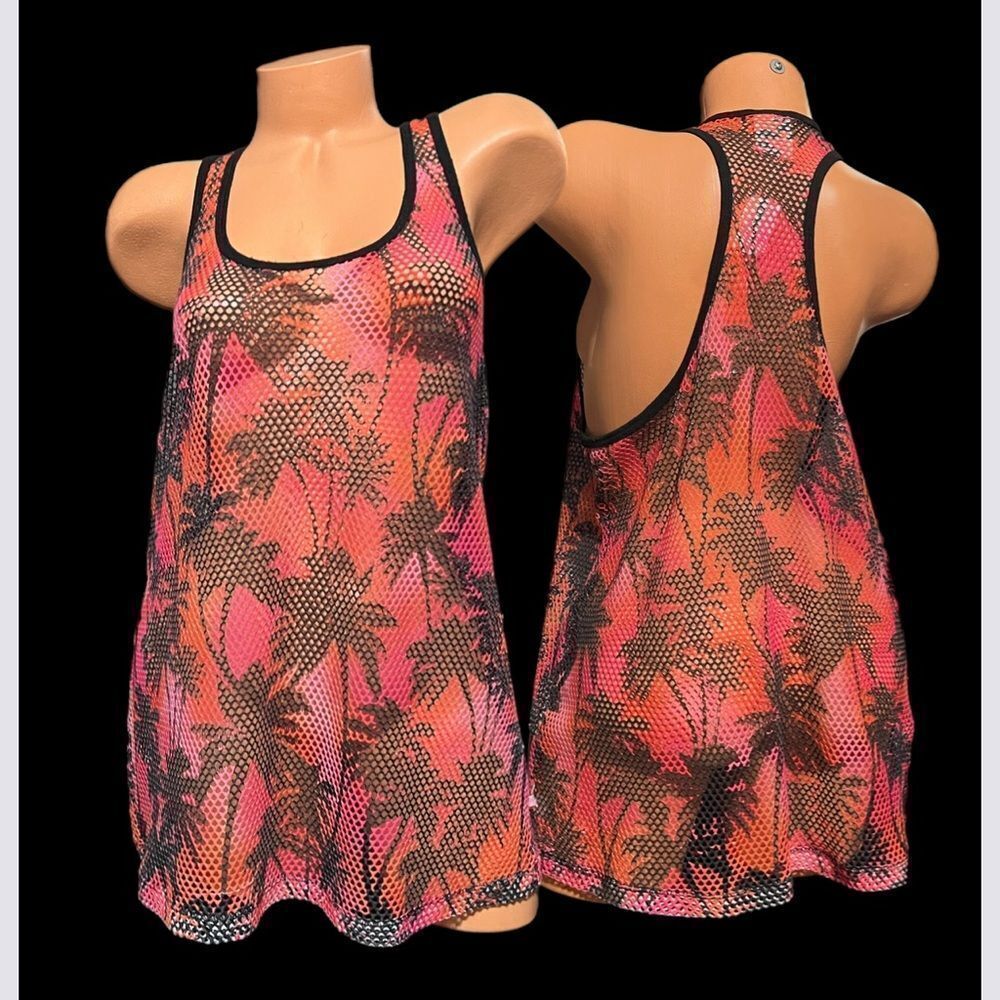 Victoria’s Secret Fishnet tank Beach Bikini Cover up Palms coral / black Medium